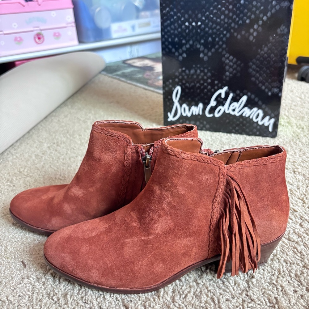 Sam Edelman Paige Fringe Ankle Booties Women’s 6M Cinnamon Suede NWT in box